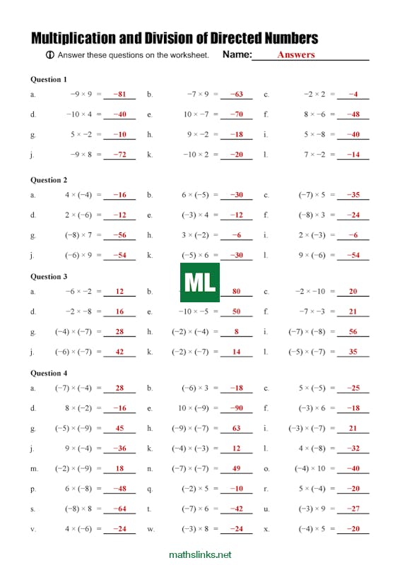 Multiplying And Dividing Directed Numbers Worksheet
